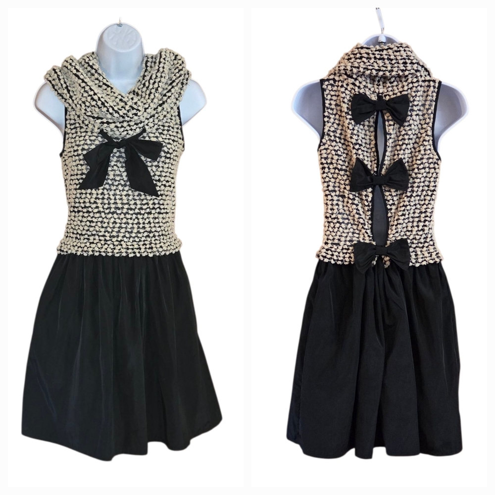 Anthropologie Ryu Cream Knit Black Satin Bow Detail Cowl Neck Bows Open Back S